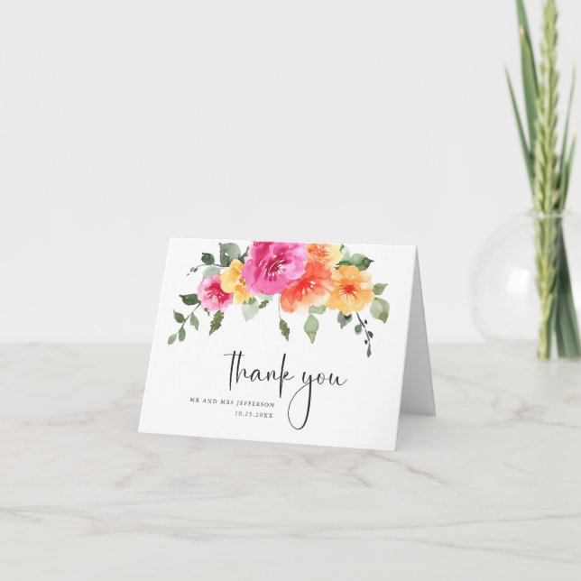 Tarjeta De Agradecimiento Boda de Flor Rosa Brillante de acuarela festiva (Anverso)