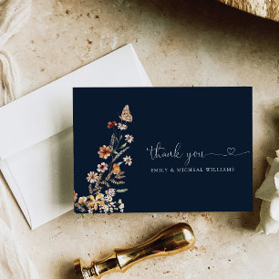 Tarjeta De Agradecimiento Boda de flor salvaje azul de la marina