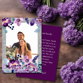 Tarjeta De Agradecimiento Boda de Floral Acuarela Púrpura y Brillo Plateado