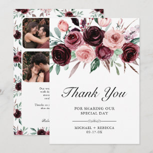 Tarjeta De Agradecimiento Boda de Floral Burgundy Rosa Polvoriento Foto