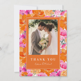 Tarjeta De Agradecimiento Boda de Floral de Verano Vibrante Rosa y Naranja