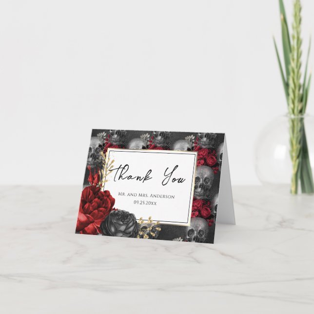 Tarjeta De Agradecimiento Boda de floral negra gótica (Anverso)