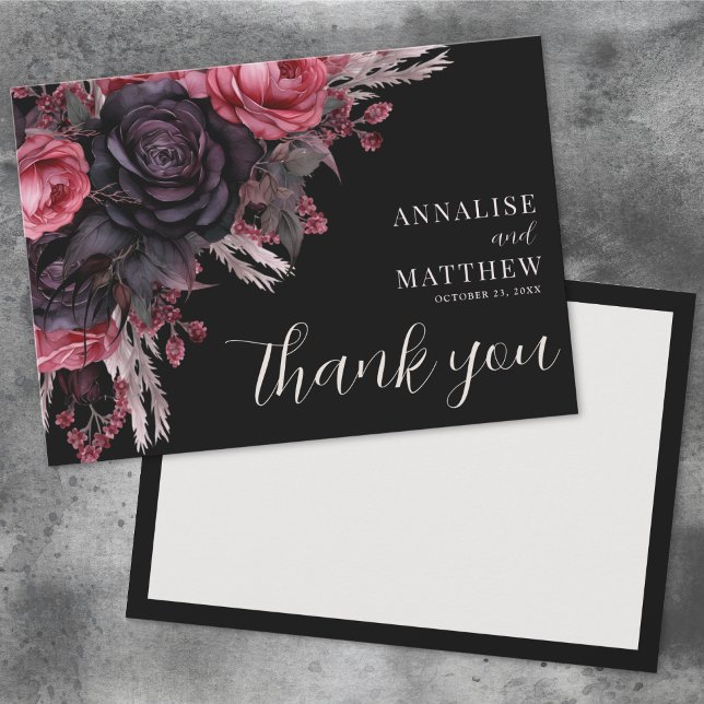 Tarjeta De Agradecimiento Boda de floral negra gótica (Gothic Red Black Floral Wedding Thank You Card)