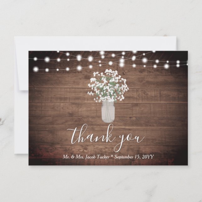 Tarjeta De Agradecimiento Boda de Floral Rusa Mason Jar Lights Gracias (Anverso)