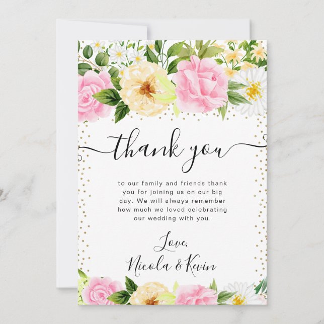 Tarjeta De Agradecimiento Boda de flores amarillas y rosas acuarelas (Anverso)