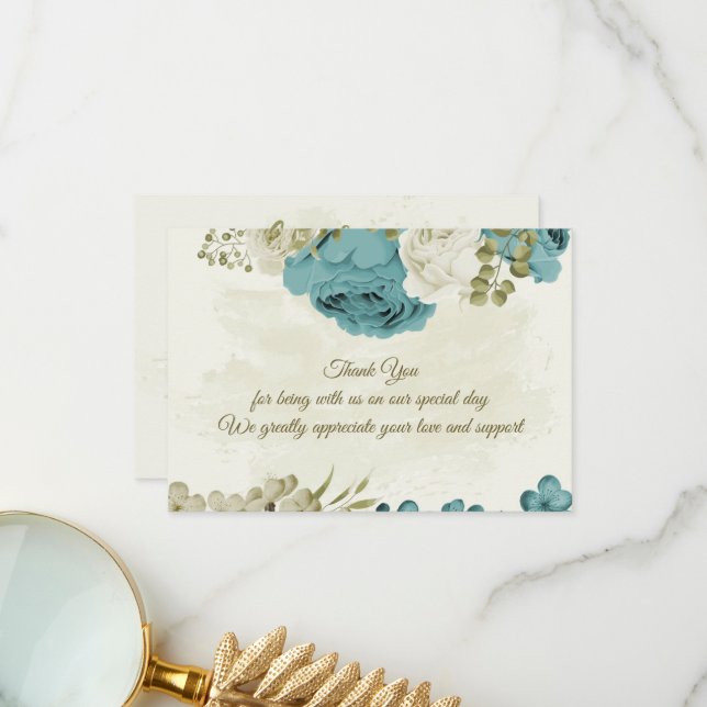 Tarjeta De Agradecimiento boda de flores azules blancas (Anverso/Reverso In Situ)
