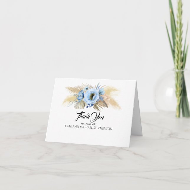 Tarjeta De Agradecimiento Boda de flores azules dulces pampas (Anverso)