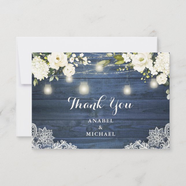 Tarjeta De Agradecimiento Boda de Flores Blancas Rustic Blue Wood Lace (Anverso)