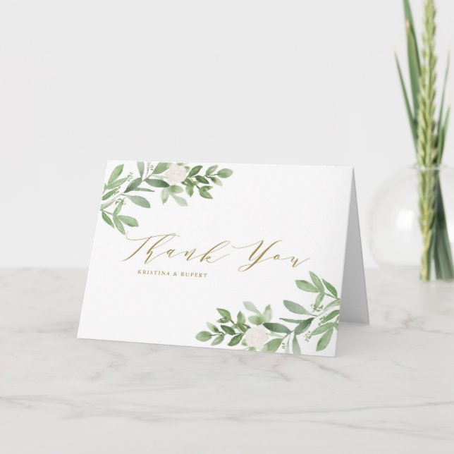 Tarjeta De Agradecimiento Boda de flores blancas y vegetación en acuarela (Anverso)