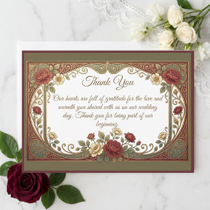 Tarjeta De Agradecimiento Boda de flores borgoña doradas Art Nouveau elegant