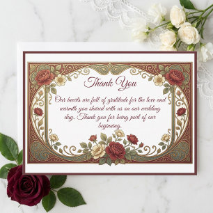 Tarjeta De Agradecimiento Boda de flores burgundy doradas Modern Art Nouveau