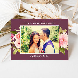 Tarjeta De Agradecimiento Boda de flores de acuarela rosadas de Borgoña Foto