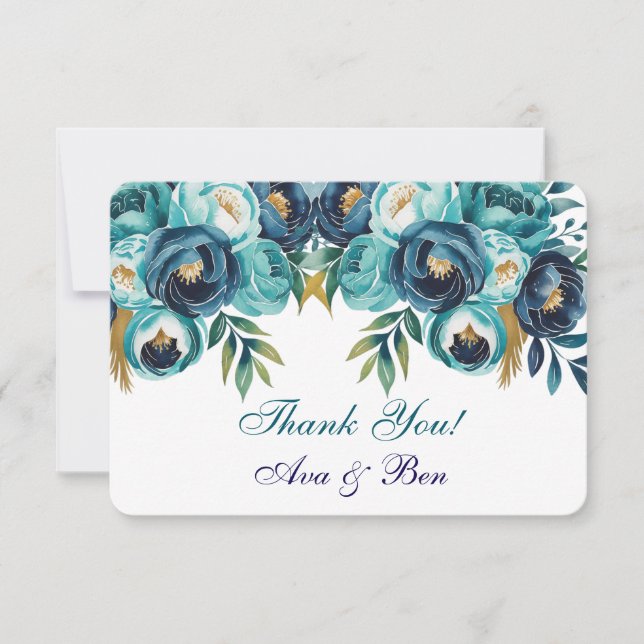 Tarjeta De Agradecimiento Boda de flores de la marina azul verde azulada (Anverso)