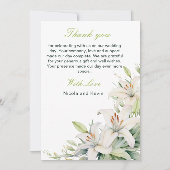 Tarjeta De Agradecimiento Boda de Flores de Lirio Blanco (Anverso)