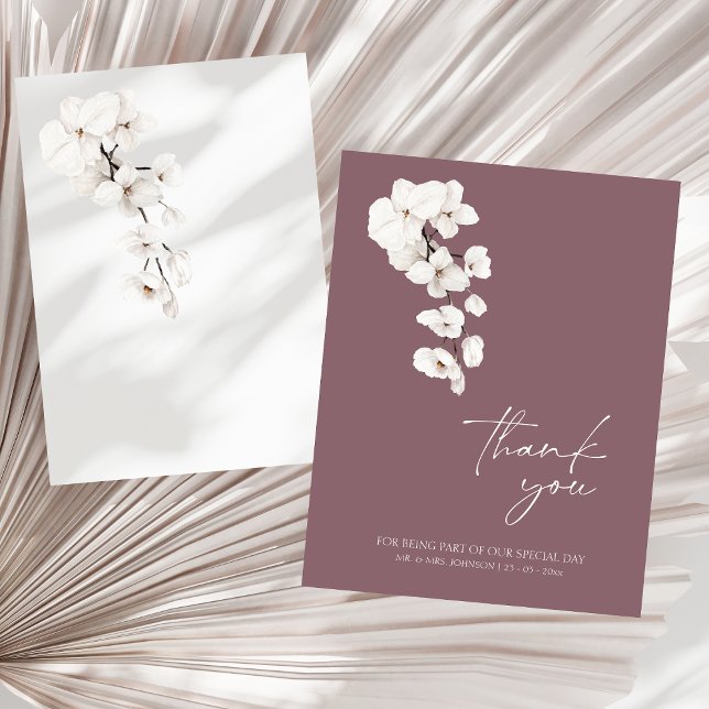 Tarjeta De Agradecimiento Boda de flores de orquídeas blancas púrpura modern (Modern Purple White Orchids Flowers Wedding Thank You Card)