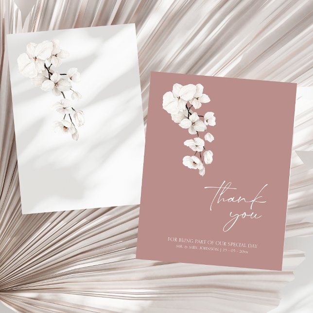 Tarjeta De Agradecimiento Boda de flores de orquídeas blancas rosadas modern (Modern Dusty Pink White Orchids Flowers Wedding Thank You Card)