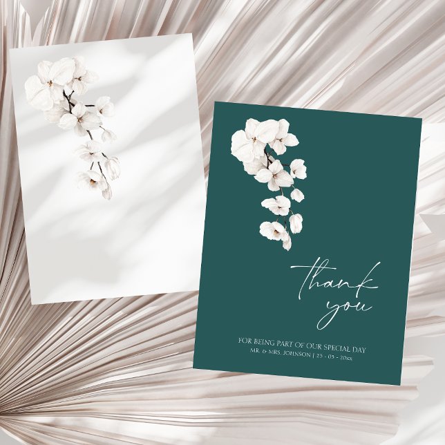 Tarjeta De Agradecimiento Boda de flores de orquídeas blancas verde esmerald (Modern Emerald Green White Orchids Flowers Wedding Thank You Card)