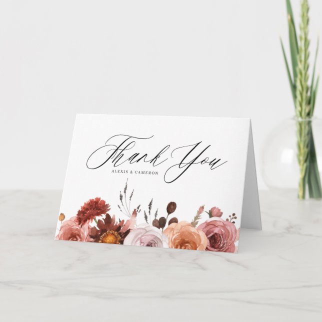 Tarjeta De Agradecimiento Boda de flores de otoño con acuarela boho (Anverso)