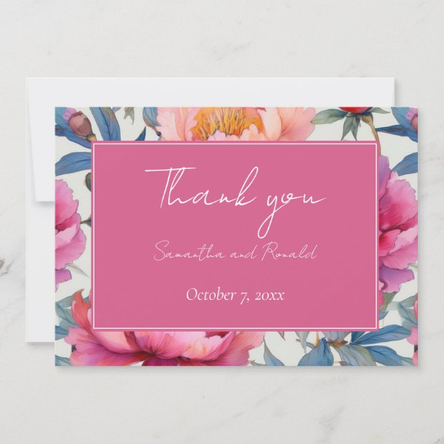 Tarjeta De Agradecimiento Boda de Flores de Peach and Pink Peony Gracias (Anverso)