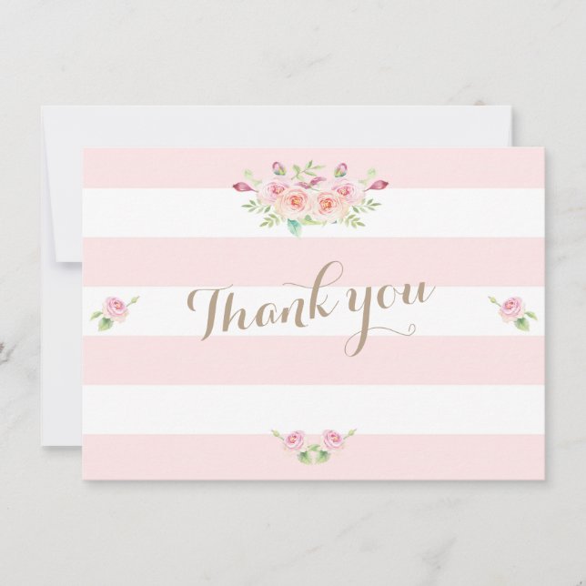Tarjeta De Agradecimiento Boda De Flores De Rayas Rosadas Gracias (Anverso)