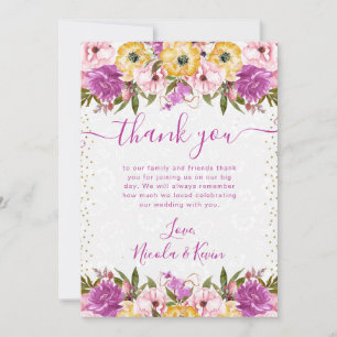 Tarjeta De Agradecimiento Boda de flores de verano rosadas y amarillas