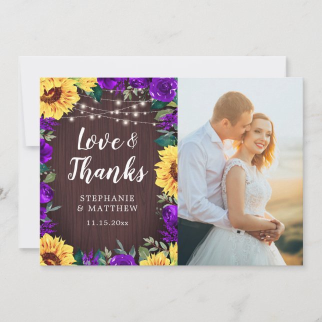 Tarjeta De Agradecimiento Boda de flores moradas de girasol rustico (Anverso)