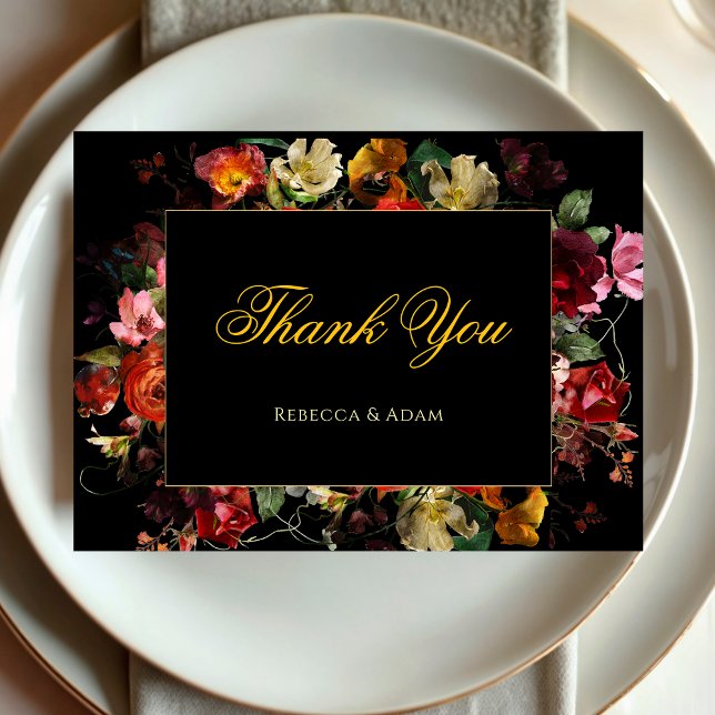Tarjeta De Agradecimiento Boda de flores oscuras y elegantes con ambiente so (Subido por el creador)