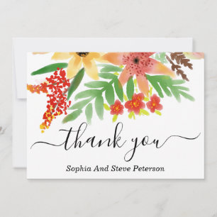 Tarjeta De Agradecimiento Boda de flores rojas y amarillas de acuarela tropi