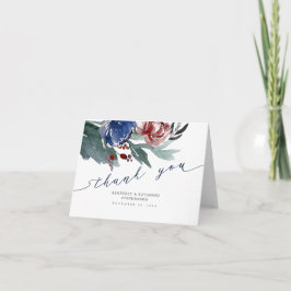 Tarjeta De Agradecimiento Boda de flores rojas y azules de la marina gracias