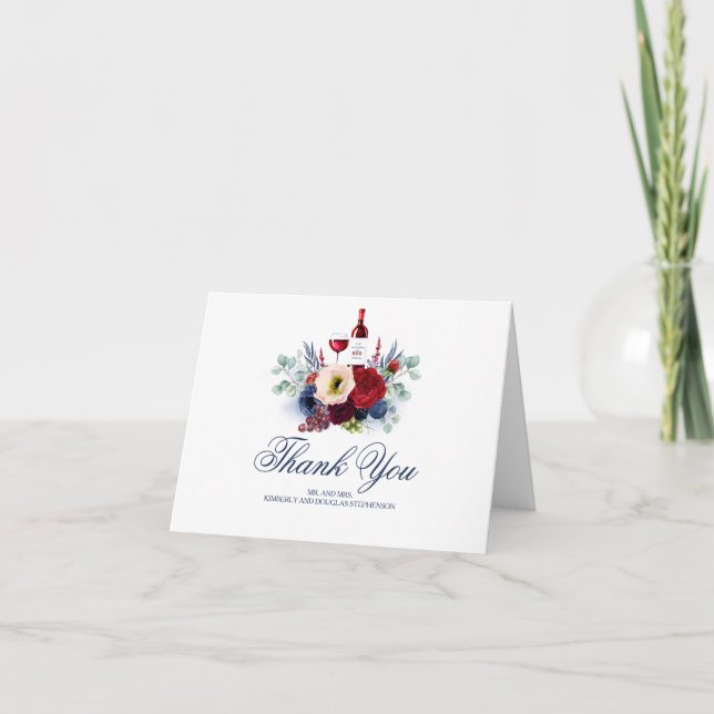 Tarjeta De Agradecimiento Boda de flores rojas y navales de Borgoña gracias (Anverso)