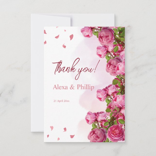 Tarjeta De Agradecimiento Boda De Flores Rosa Elegante (Anverso)