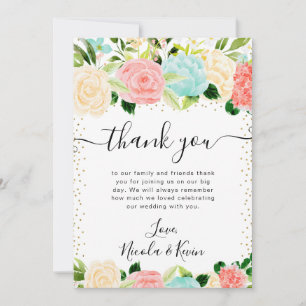 Tarjeta De Agradecimiento Boda de flores rosadas y menta acuarela