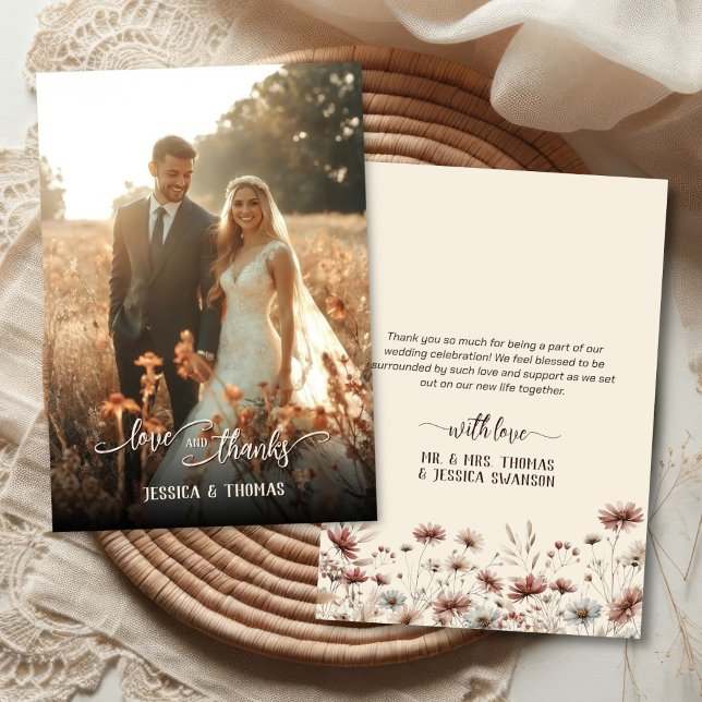 Tarjeta De Agradecimiento Boda de Flores salvajes Boho (Front/Back)