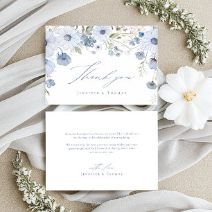 Tarjeta De Agradecimiento Boda de flores silvestres elegantes azul polvorien