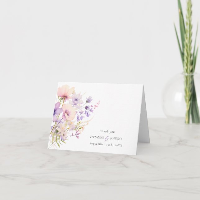 Tarjeta De Agradecimiento Boda de flores silvestres púrpura lavanda violeta (Anverso)