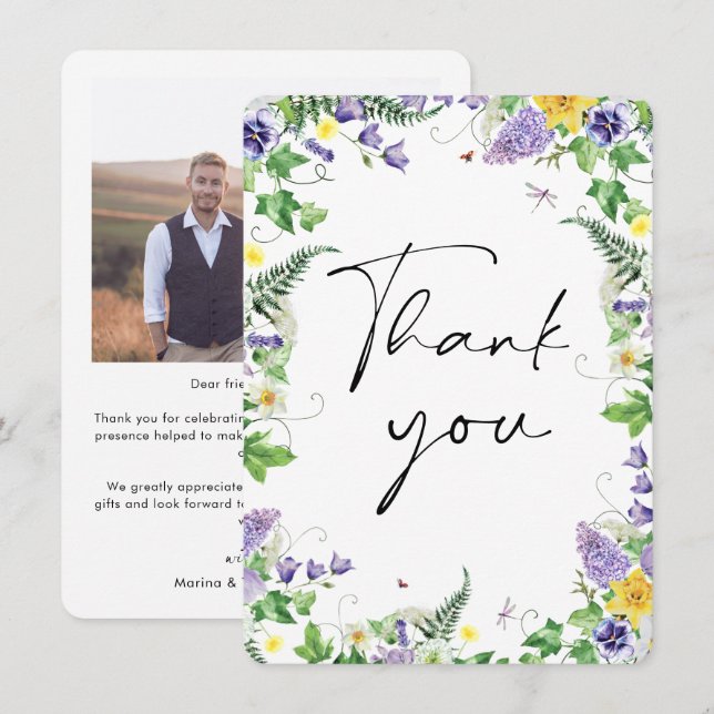 Tarjeta De Agradecimiento Boda de flores silvestres rusas. Gracias (Anverso / Reverso)