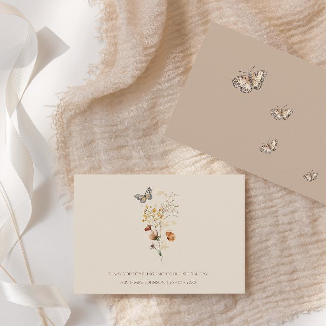Tarjeta De Agradecimiento Boda de Flores Silvestres Rústicas Marrones y Mari (Rustic Brown Wildflowers and Butterflies Wedding Thank You Card)