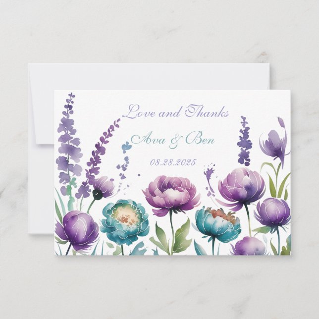 Tarjeta De Agradecimiento Boda de flores silvestres turquesa púrpura (Anverso)