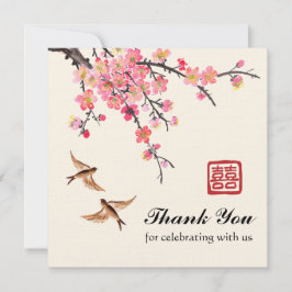 Tarjeta De Agradecimiento Boda de flores y pájaros de pinturas de tinta chin