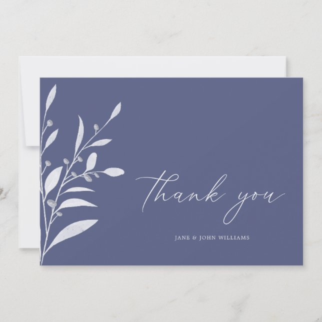 Tarjeta De Agradecimiento Boda de Foliaje Azul Gris Elegante (Anverso)