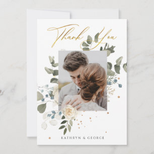 Tarjeta De Agradecimiento Boda de follaje botánico de oro floral suave