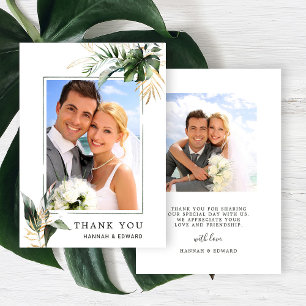 Tarjeta De Agradecimiento Boda de follaje tropical Foto verde oro