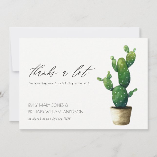 Tarjeta De Agradecimiento Boda de follaje verde de Cactus simple mínima (Anverso)