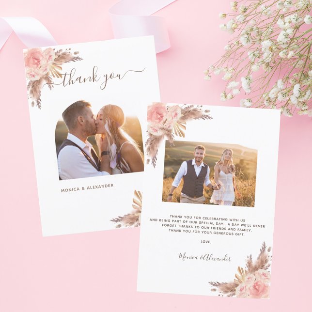 Tarjeta De Agradecimiento Boda de foto boho rosa de pasto negro (Subido por el creador)