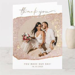Tarjeta De Agradecimiento Boda de Foto con Brillo de Rubor Dorado Moderno