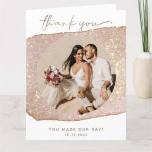 Tarjeta De Agradecimiento Boda de Foto con Brillo de Rubor Dorado Moderno