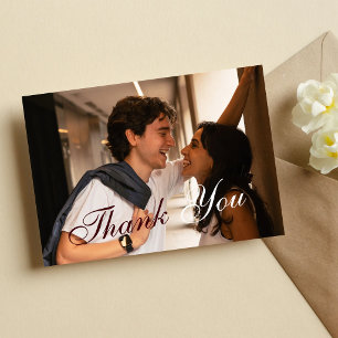 Tarjeta De Agradecimiento Boda de foto con elegante letra cursiva de Borgoña