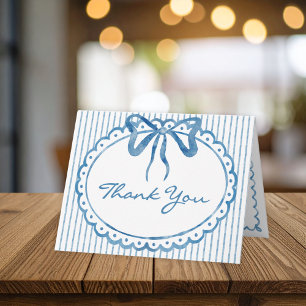 Tarjeta De Agradecimiento Boda de Foto con Lazo de Acuarela Azul Caprichosa