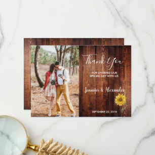 Tarjeta De Agradecimiento Boda de foto de girasol de acuarela de madera rúst