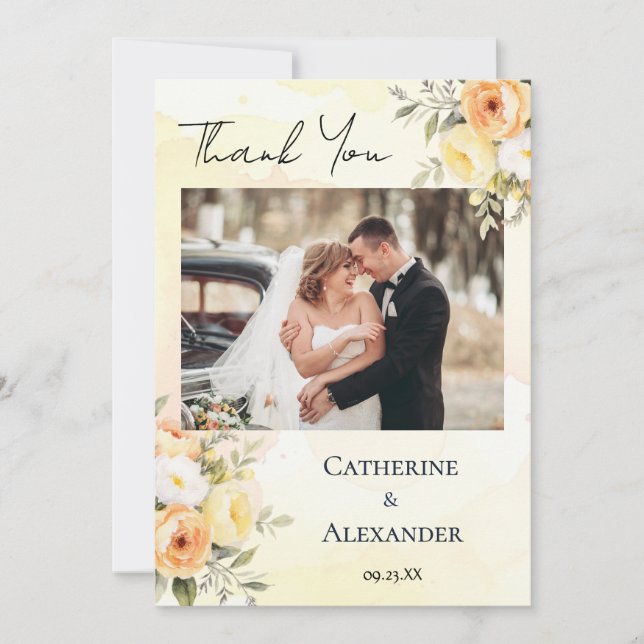 Tarjeta De Agradecimiento Boda de foto de Moda de acuarela floral rústica (Anverso)